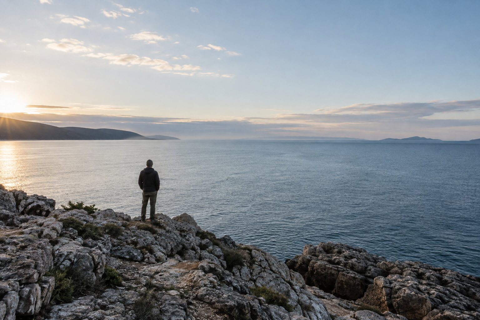 Una figura osserva l’orizzonte dalla costa